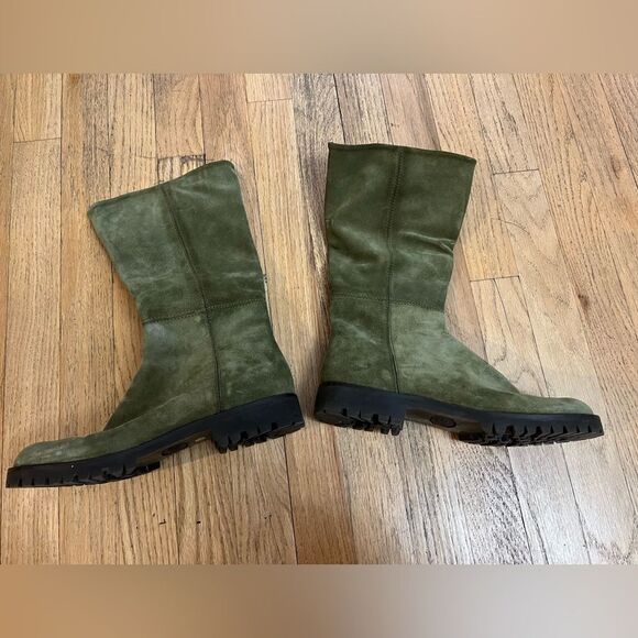 Shoes - Green sued lug  sole midcalf boots